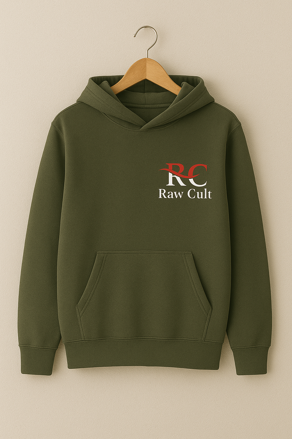 Raw Cult® Premium Olive Green Pullover Hoodie – Unisex, Soft Cotton Blend, Minimal Logo Design