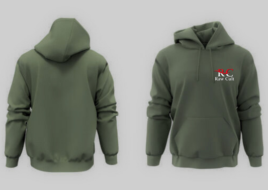 Raw Cult® Premium Olive Green Pullover Hoodie – Unisex, Soft Cotton Blend, Minimal Logo Design