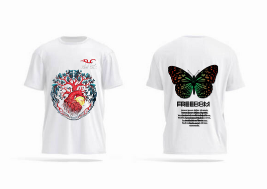 Raw Cult Heart & Butterfly Freedom Graphic T-Shirt – Unisex, White, Artistic Nature-Inspired Design