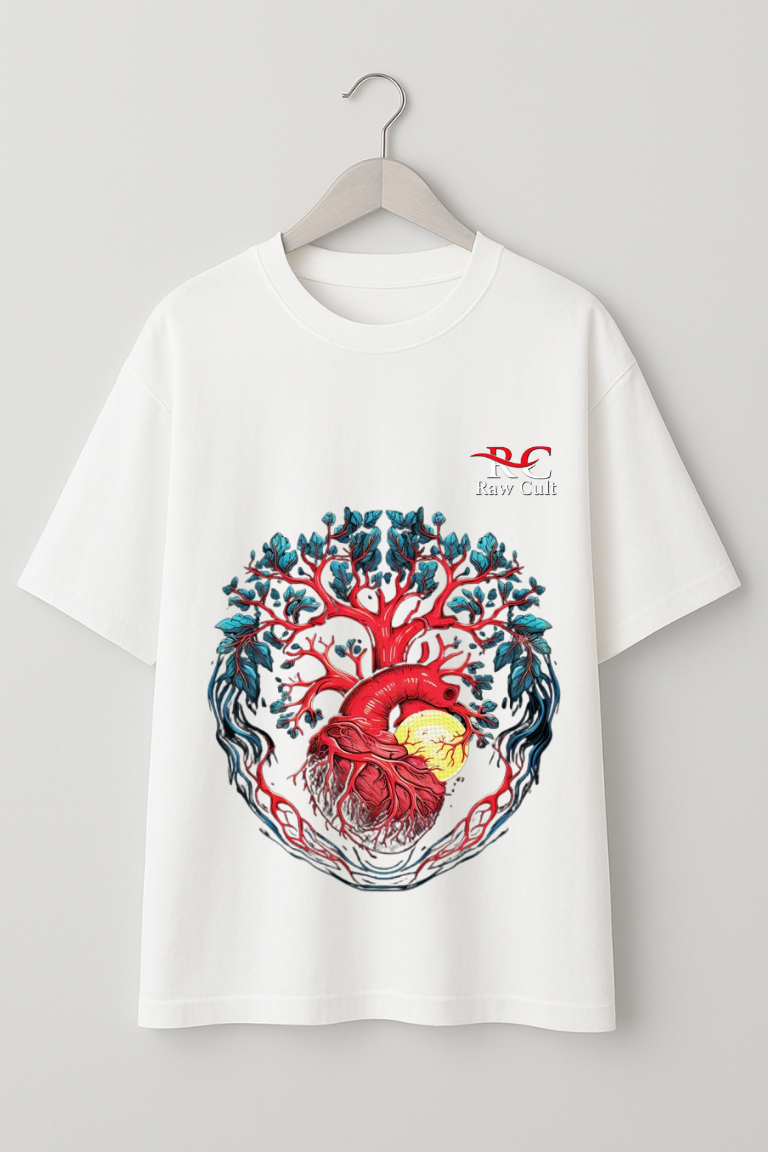 Raw Cult Heart & Butterfly Freedom Graphic T-Shirt – Unisex, White, Artistic Nature-Inspired Design